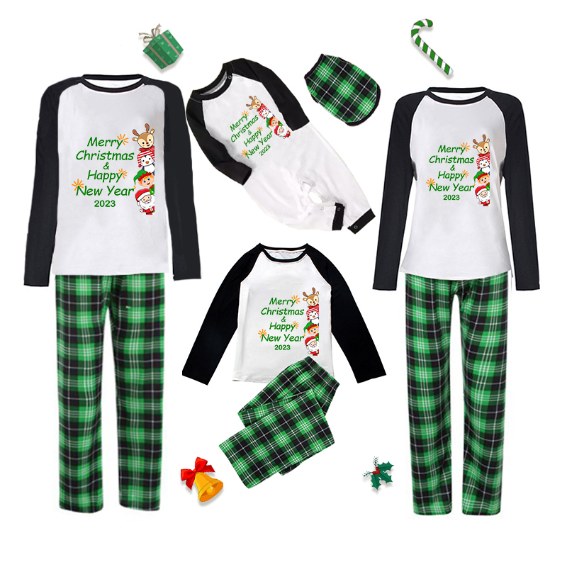 Merry Christmas Happy New Year 2023 Green Plaids Christmas Matching Family Pajamas Set