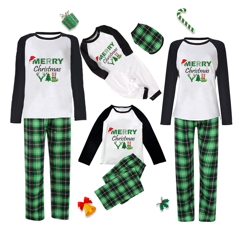 Christmas Matching Family Pajamas Exclusive Design Merry Christmas with Hat Green Plaids Pajamas Set