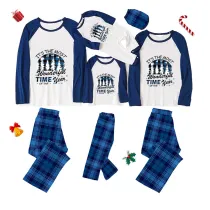 Christmas Matching Family Pajamas Exclusive Design Wonderful Time Blue Plaids Pajamas Set