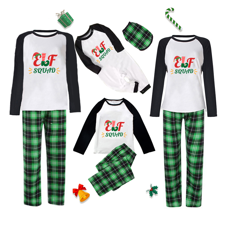 Christmas Matching Family Pajamas Exclusive Design Elf Squad with Hat Green Plaids Pajamas Set