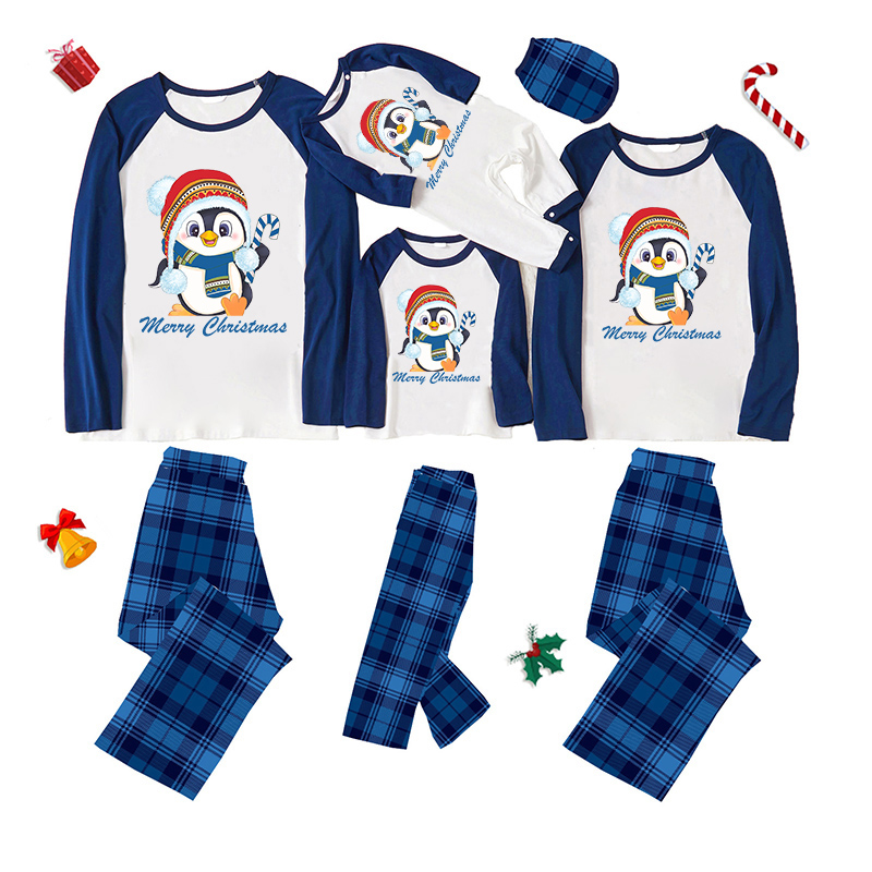 Christmas Matching Family Pajamas Exclusive Design Cartoon Penguin Merry Christmas Blue Plaids Pajamas Set