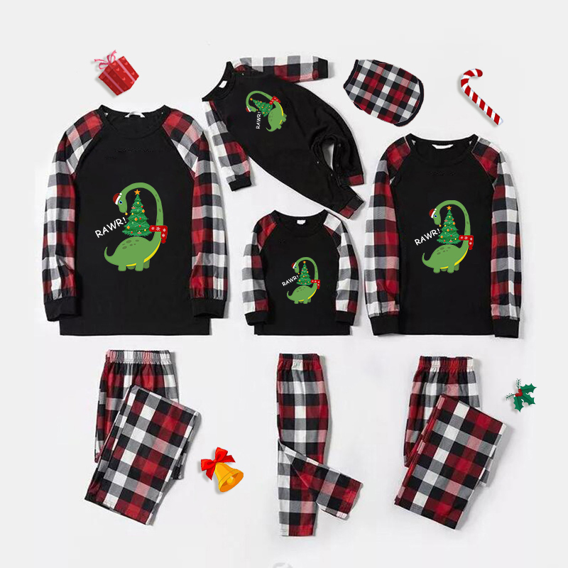 Christmas Matching Family Pajamas Exclusive Design Rawr Dinosaur Christmas Tree Black Red Pajamas Set