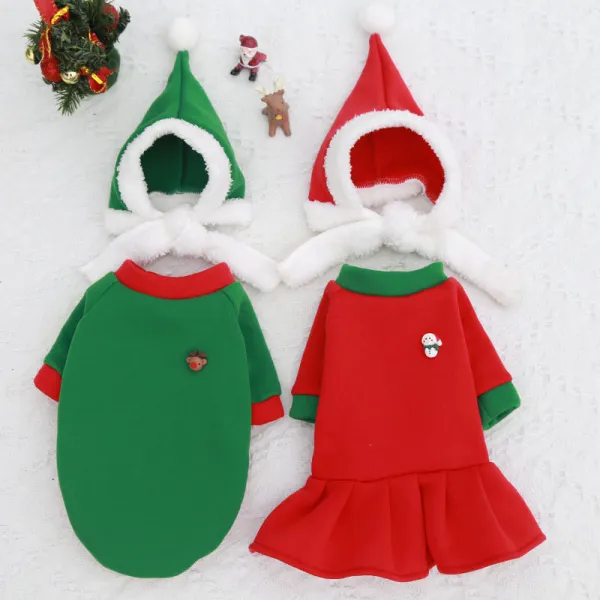 Christmas Deer Snowman Dress with Hat Velvet Dog Pet Clothes