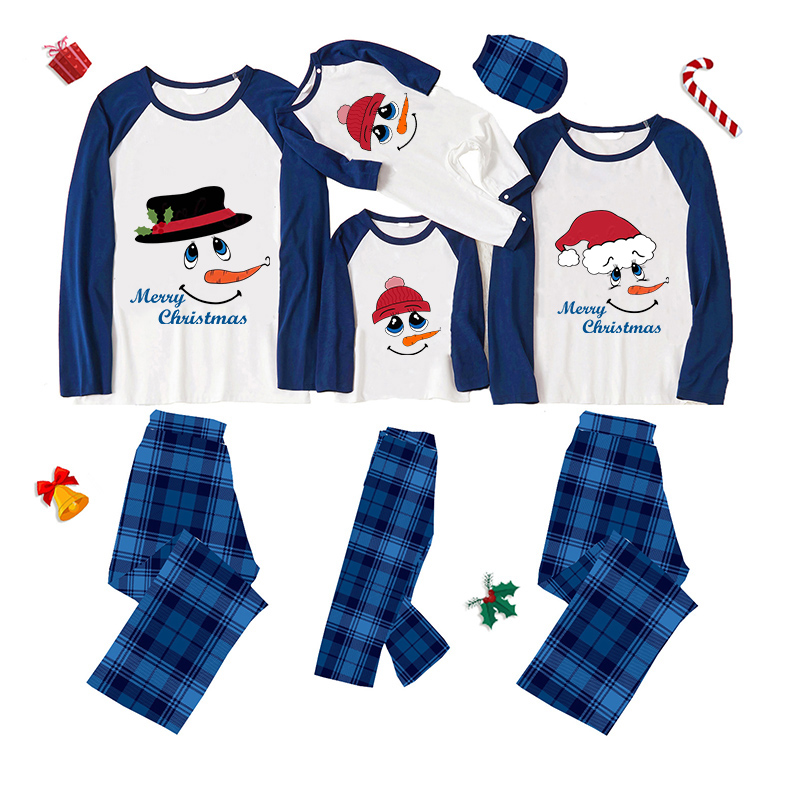 Christmas Matching Family Pajamas Exclusive Design Christmas Hat Snowman Blue Plaids Pajamas Set