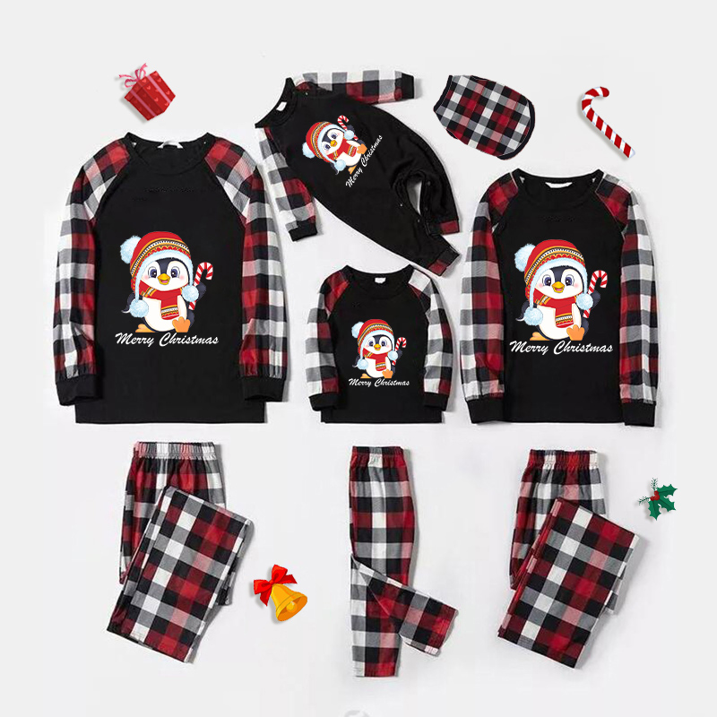 Christmas Matching Family Pajamas Exclusive Design Cartoon Penguin Merry Christmas Black Red Plaids Pajamas Set
