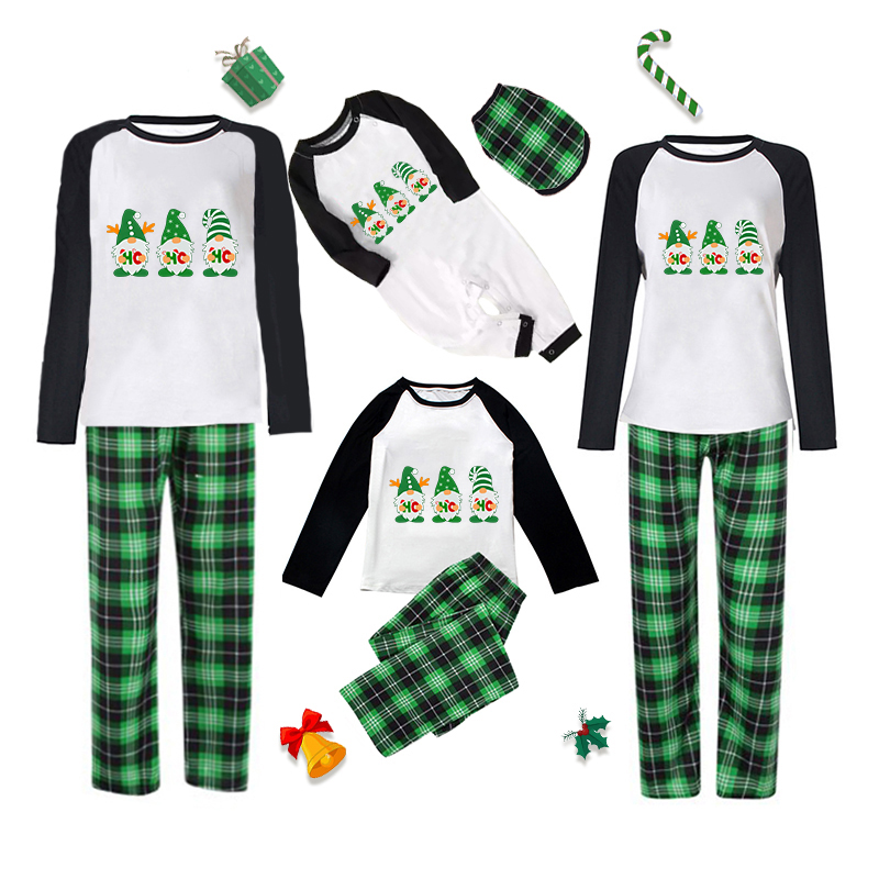 Christmas Matching Family Pajamas Merry Christmas HO HO HO Three Gnomies Green Plaids Pajamas Set