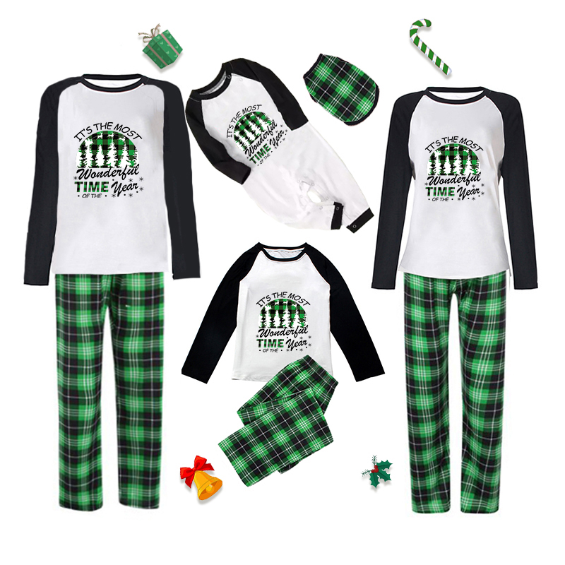 Christmas Matching Family Pajamas Exclusive Design Wonderful Time Green Plaids Pajamas Set