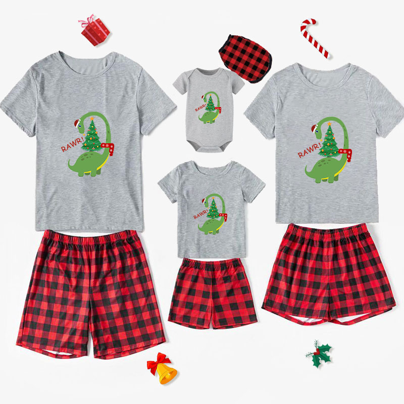 Christmas Matching Family Pajamas Exclusive Design Rawr Dinosaur Christmas Tree Short Pajamas Set