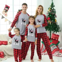 Christmas Family Matching Sleepwear Pajamas Sets Grey Deers Top and Red Plaids Pants With Dog Cloth