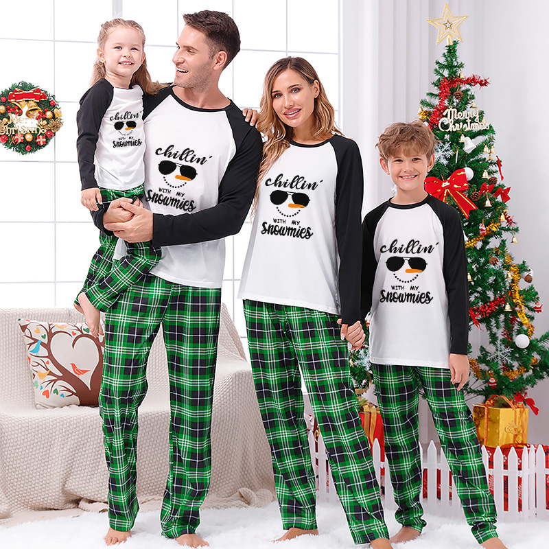 Christmas Matching Family Pajamas Chillin With My Snowmies Sunglass Snowman Green Plaid Pajamas Set