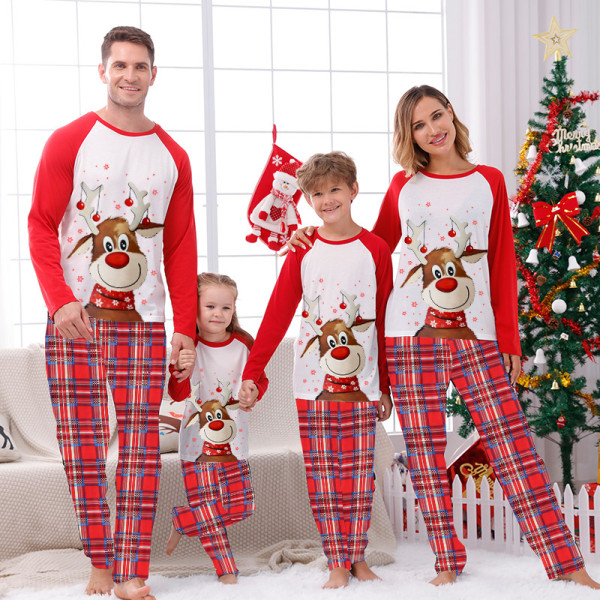 Christmas Family Matching Pajamas Christmas Cute Red Deers Top and Plaid Pant With Dog Cloth