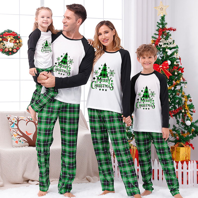 Christmas Matching Family Pajamas Merry Christmas Tree Green Plaids Family Set