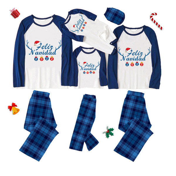 2022 Christmas Matching Family Pajamas Exclusive Design Reindeer Antlers Feliz Navidad Blue Plaids Pajamas Set