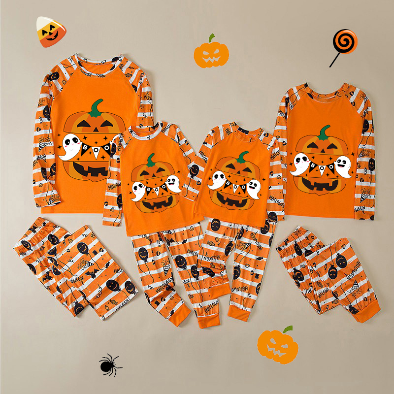 Halloween Matching Family Pajamas Exclusive Design Boo Pumpkin Two Ghosts Orange Stripes Pajamas Set
