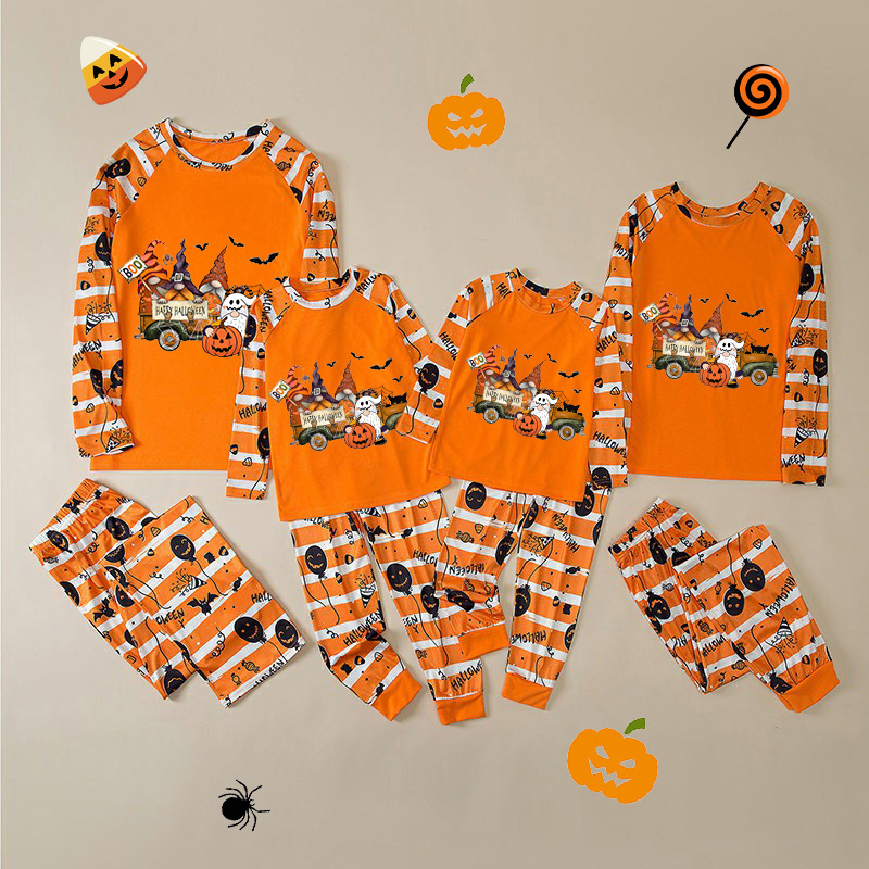 Halloween Matching Family Pajamas Exclusive Design Three Gnomies In The Car Orange Stripes Pajamas Set