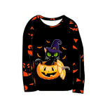 Halloween Matching Family Pajamas Exclusive Design Cat And Pumpkin Ghost Faces Print Black Pajamas Set