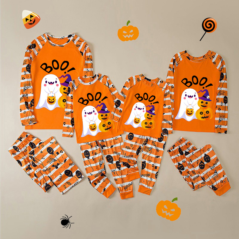 Halloween Matching Family Pajamas Exclusive Design Boo Ghost And Pumpkin Orange Stripes Pajamas Set