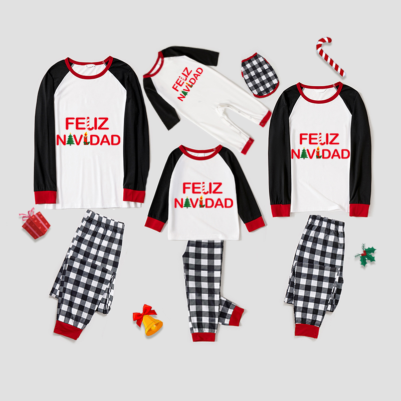 Christmas Matching Family Pajamas Exclusive Design Cartoon Feliz Navidad White Pajamas Set