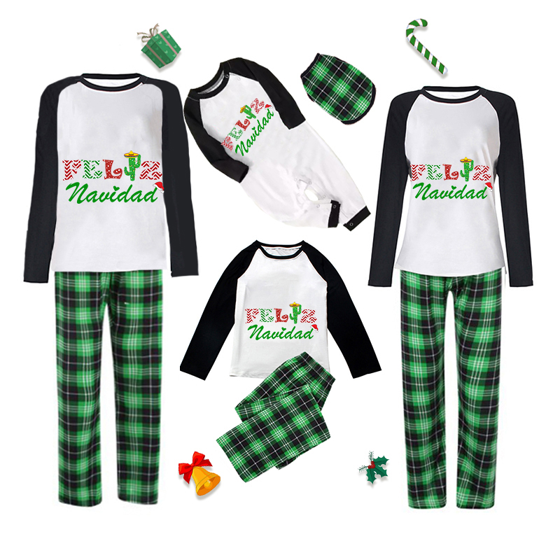 Christmas Matching Family Pajamas Exclusive Design Colorful Pattern Feliz Navidad Green Plaids Pajamas Set