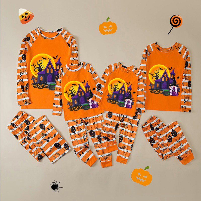 Halloween Matching Family Pajamas Exclusive Design The Castle And Witch Orange Stripes Pajamas Set