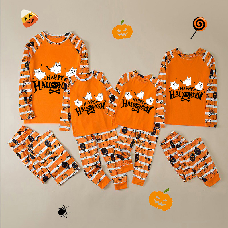 Halloween Matching Family Pajamas Exclusive Design Three Ghosts Orange Stripes Pajamas Set