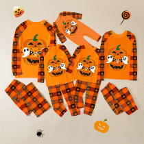 Halloween Matching Family Pajamas Exclusive Design Boo Pumpkin Two Ghosts Orange Plaids Pajamas Set