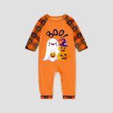 Halloween Matching Family Pajamas Exclusive Design Boo Ghost And Pumpkin Orange Plaids Pajamas Set