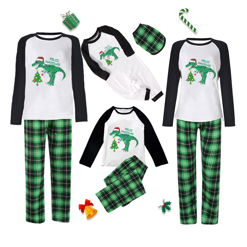 Christmas Matching Family Pajamas Exclusive Design Xmas Tree Dinosaur Feliz Navidad Green Plaids Pajamas Set