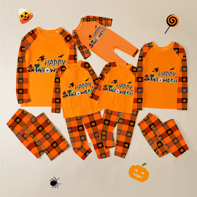 Halloween Matching Family Pajamas Exclusive Design Happy Halloween Orange Plaids Pajamas Set