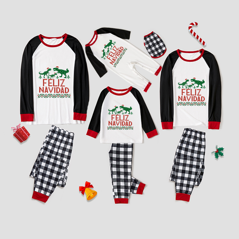 Christmas Matching Family Pajamas Exclusive Design Three Dinosaurs Feliz Navidad White Pajamas Set