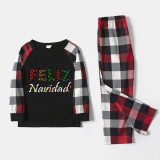 Christmas Matching Family Pajamas Exclusive Design Colorful String Lights WordArt Feliz Navidad Black Red Plaids Pajamas Set