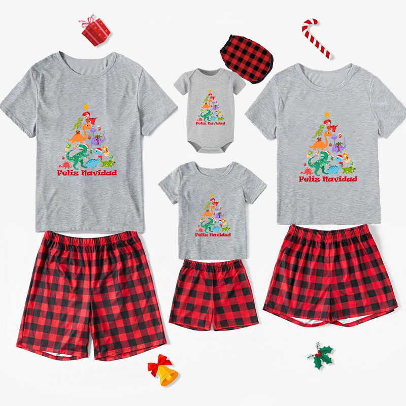 Christmas Matching Family Pajamas Exclusive Design Colorful Dinosaurs Feliz Navidad Short Pajamas Set
