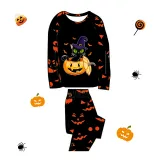 Halloween Matching Family Pajamas Exclusive Design Cat And Pumpkin Ghost Faces Print Black Pajamas Set