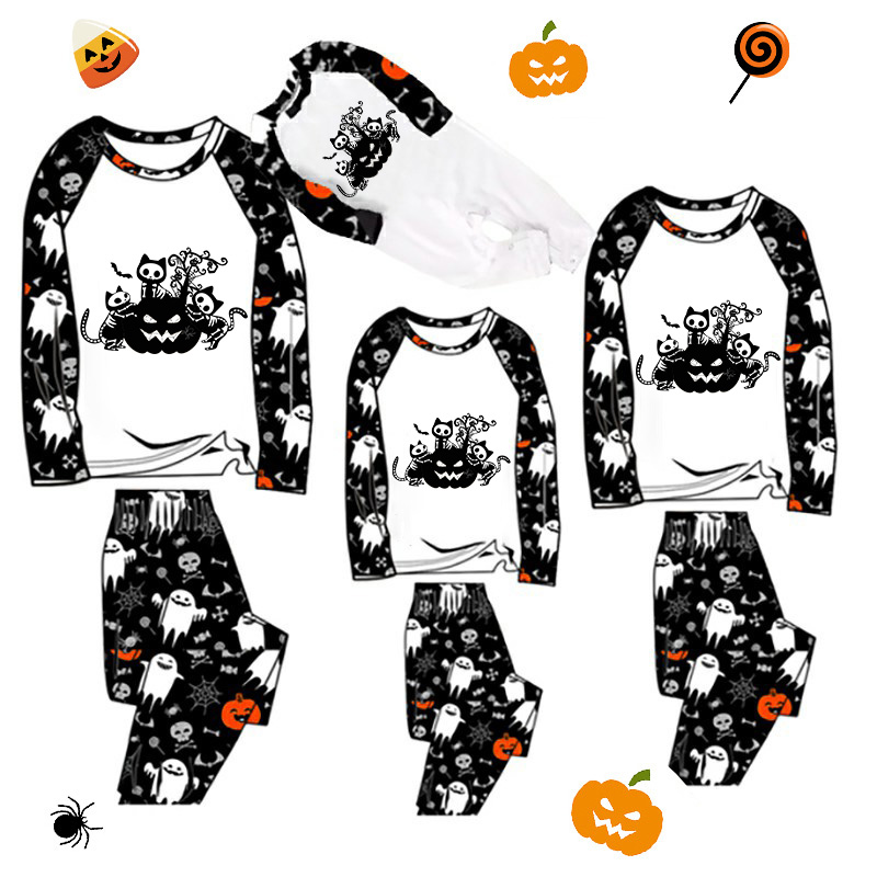 Halloween Matching Family Pajamas Exclusive Design Three Cats With Pumpkin White Pajamas Set