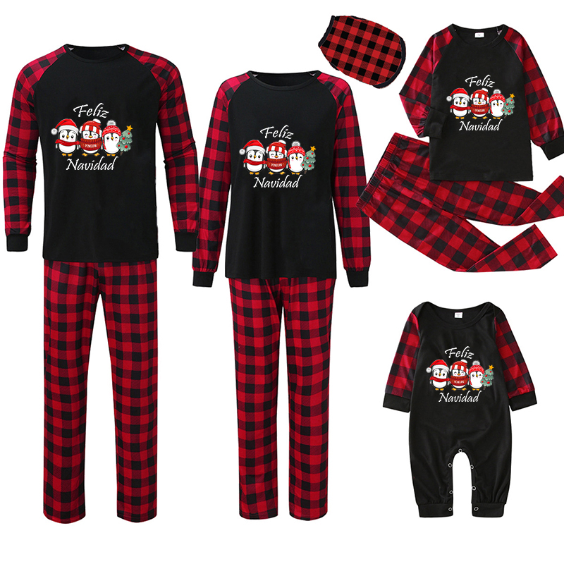 Christmas Matching Family Pajamas Exclusive Design Three Penguins Feliz Navidad Black Pajamas Set