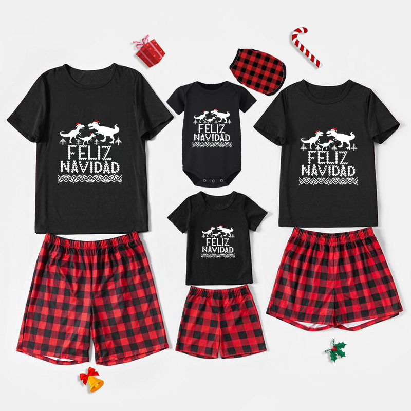 Christmas Matching Family Pajamas Exclusive Design Three Dinosaurs Feliz Navidad Black Pajamas Set