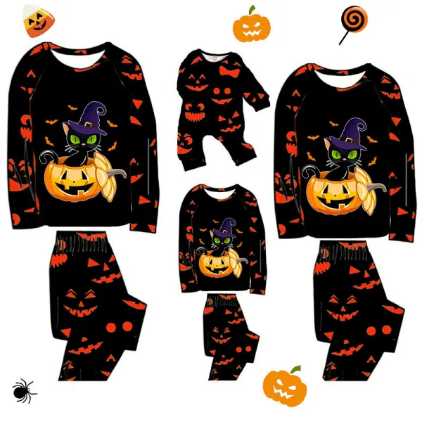 Halloween Matching Family Pajamas Exclusive Design Cat And Pumpkin Ghost Faces Print Black Pajamas Set