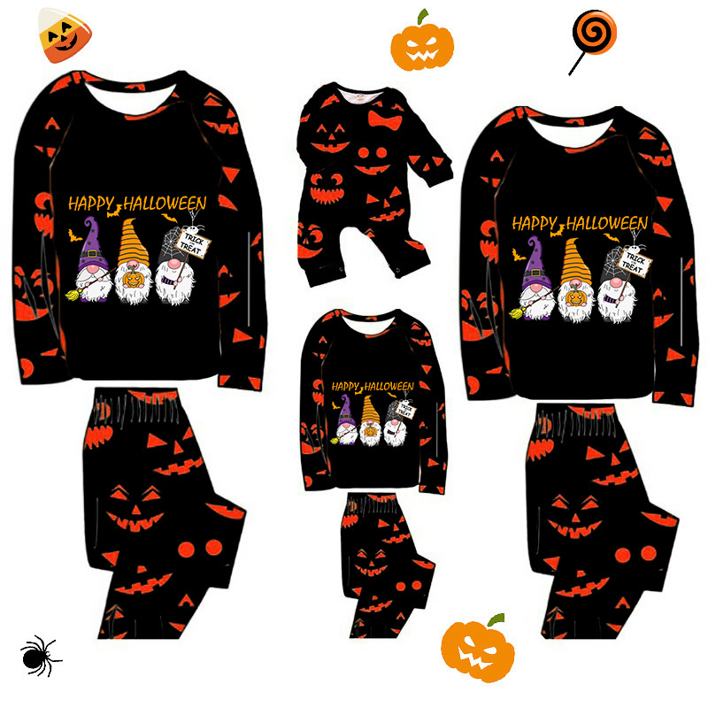 Halloween Matching Family Pajamas Exclusive Design Three Gnomies Trick Or Treat Pumpkin Ghost Faces Print Black Pajamas Set