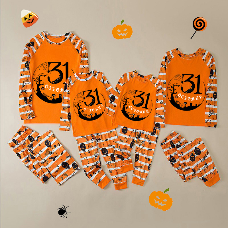 Halloween Matching Family Pajamas Exclusive Design October 31 Tree Orange Stripes Pajamas Set