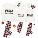 Christmas Matching Family Pajamas Exclusive Design Colorful String Lights WordArt Feliz Navidad White Pajamas Set