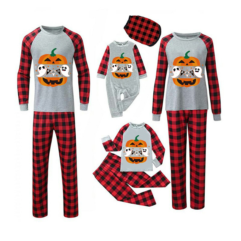 Halloween Matching Family Pajamas Exclusive Design Boo Pumpkin Two Ghosts Gray Pajamas Set