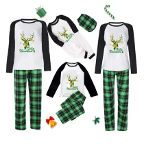 Christmas Matching Family Pajamas Exclusive Design Stars Deer Feliz Navidad Green Plaids Pajamas Set