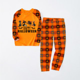 Halloween Matching Family Pajamas Exclusive Design Four Cats Orange Plaids Pajamas Set