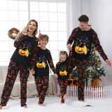 Halloween Matching Family Pajamas Exclusive Design Cat And Pumpkin Ghost Faces Print Black Pajamas Set