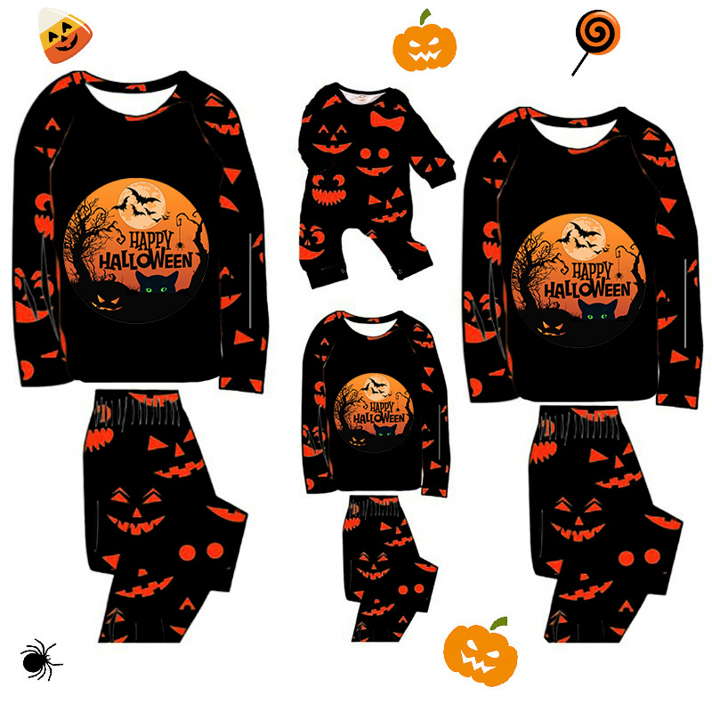 Halloween Matching Family Pajamas Exclusive Design Moon Pumpkin Ghost Faces Print Black Pajamas Set