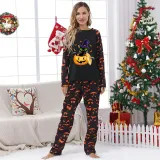Halloween Matching Family Pajamas Exclusive Design Cat And Pumpkin Ghost Faces Print Black Pajamas Set