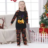 Halloween Matching Family Pajamas Exclusive Design Cat And Pumpkin Ghost Faces Print Black Pajamas Set