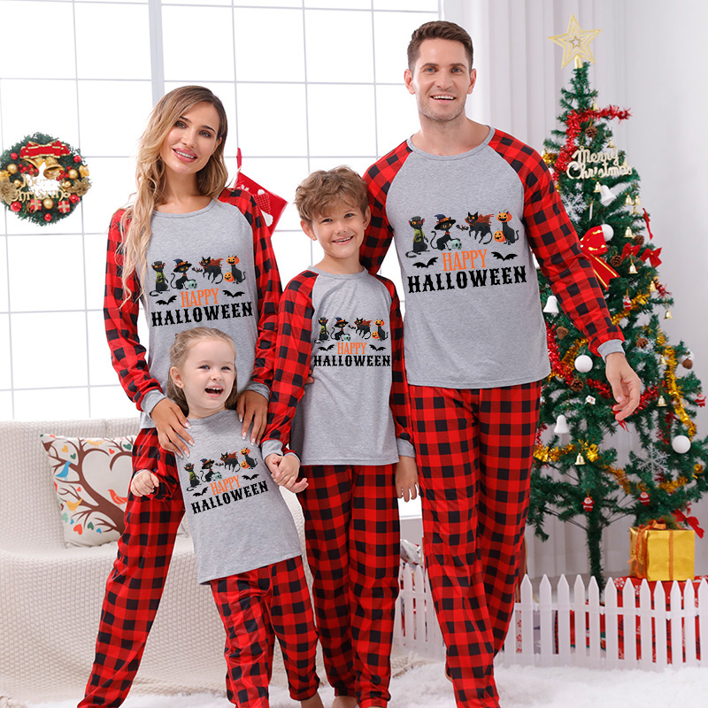 Halloween Matching Family Pajamas Exclusive Design Four Cats Gray Pajamas Set