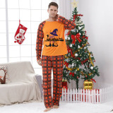 Halloween Matching Family Pajamas Exclusive Design Witch Hat Boots Orange Plaids Pajamas Set