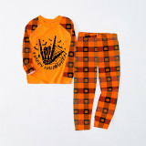 Halloween Matching Family Pajamas Skeleton Hand Love Orange Pumpkin Plaids Pajamas Set